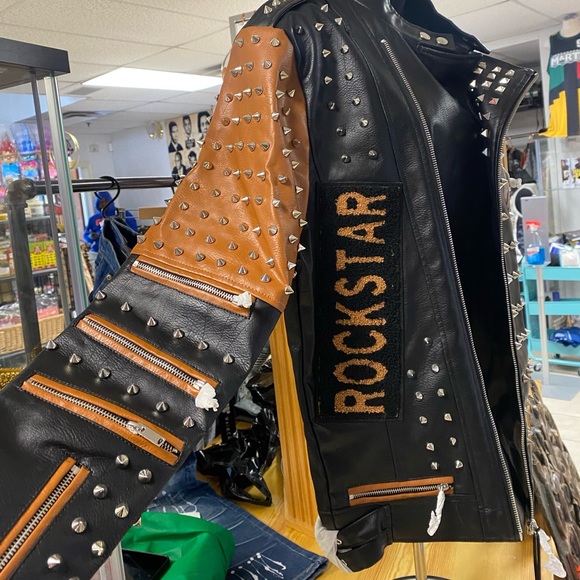 Robert Phillipe leather moto racer jacket w studs & tiger patch ROCKSTAR bnwt** - Picture 2 of 11